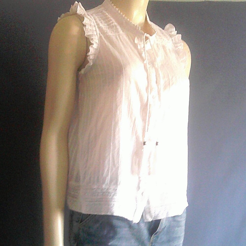 Joie White Cotton Tasseled Ruffled Sleeveless Top M